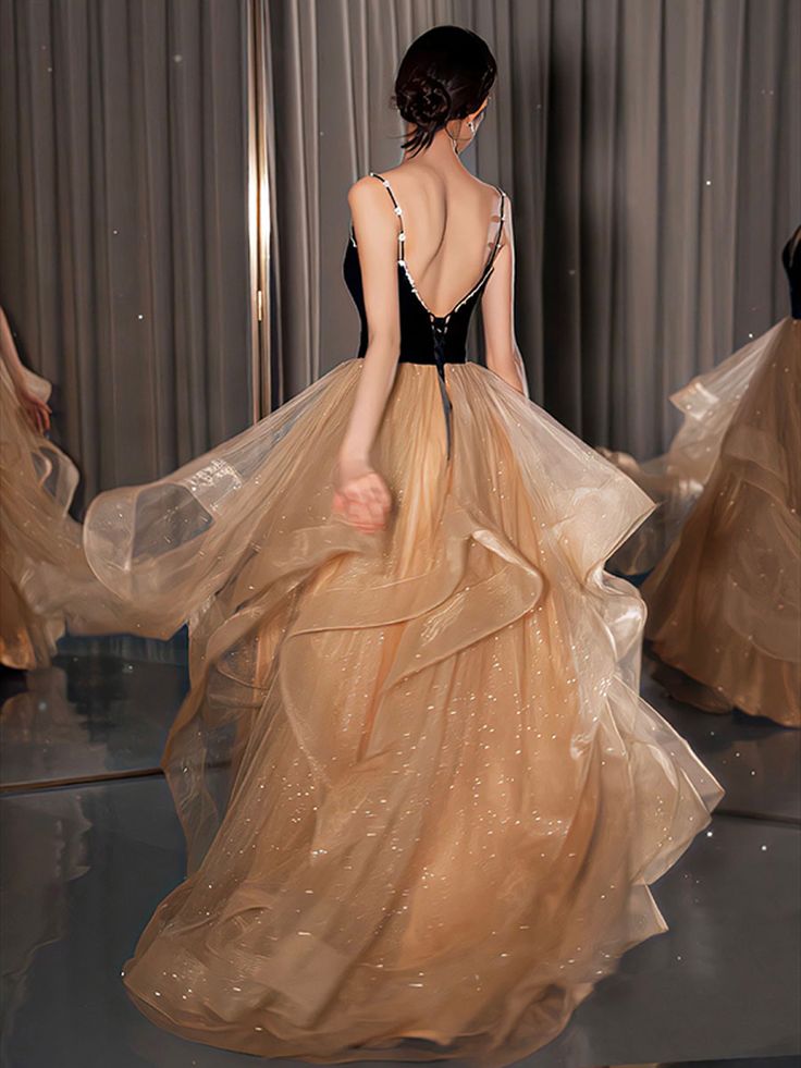 Champagne tulle long prom dress, champagne evening dress S5968