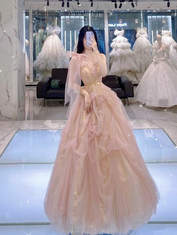 A Line Tulle Pink Evening Dress Long Prom Dress S6341