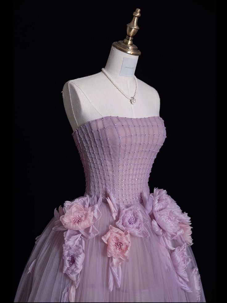 Tulle Prom Dress with Flowers Purple Long Prom Dresses Birthday Outfits S6547