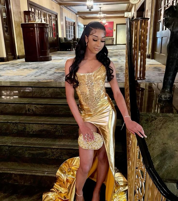 Sexy Gold Mermaid Prom Dress Elegant Shiny Diamond Applique High Split Black Girls Birthday Party Formal Dresses S6228