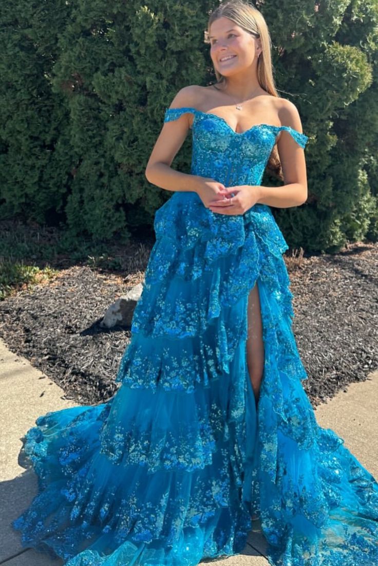 Gorgeous Off The Shoulder Glitter Prom Dress With Appliques And Split S6458