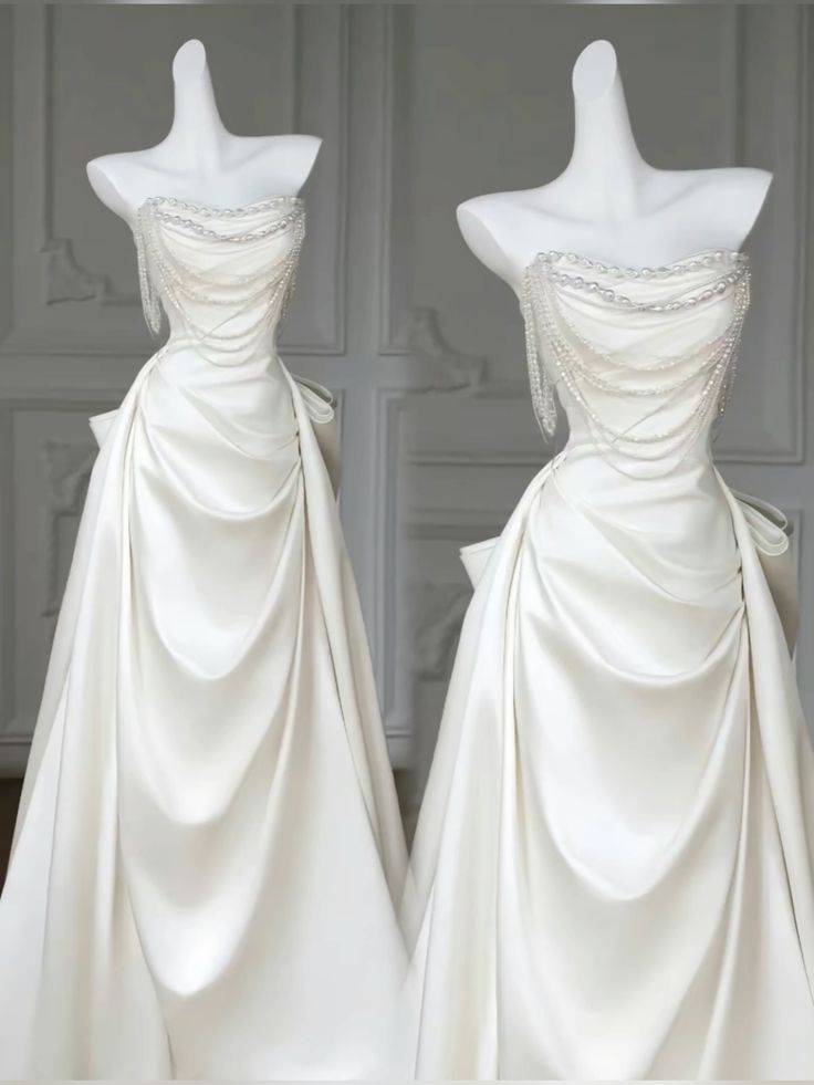 Elegant ivory strapless satin long wedding dress S6404