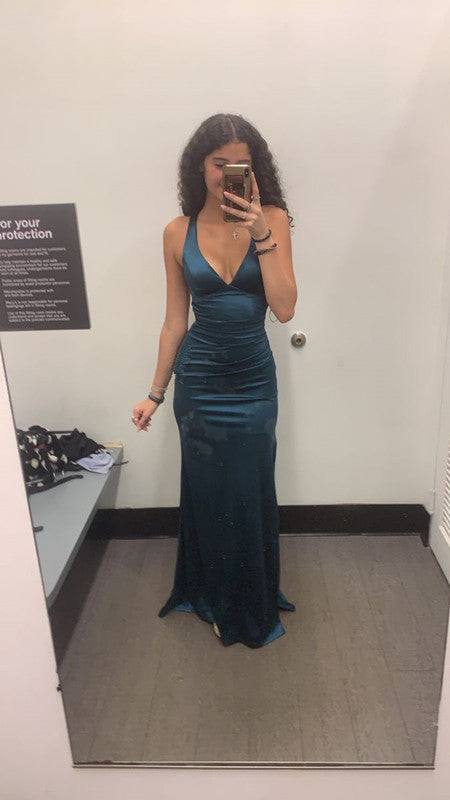 Long Formal Dress Women Teal Satin Sleeveless Evening Dress S6523