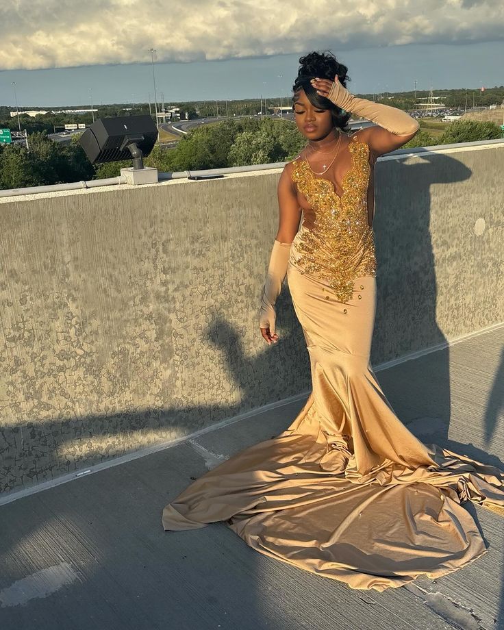 Gold Mermaid Long Court Train Prom Dresses Mermaid Party Dress S6413