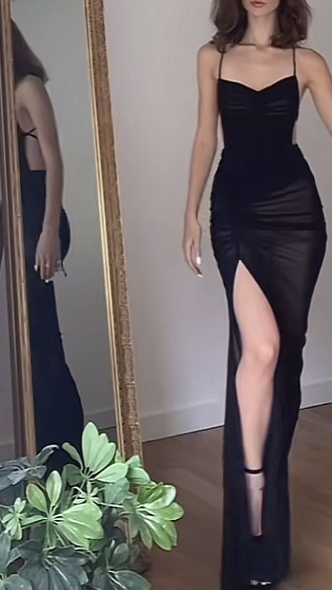Sexy Straps Floor Length Black Slit Prom Dresses S6401
