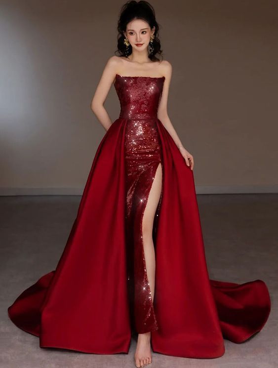 Sexy Mermaid Red Sleeveless Long Sequin Prom Dress Evening Dresses S6075