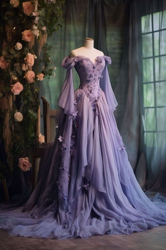 Purple Prom Dress Off Shoulder Long Sleeve 3D Floral Applique Evening Gowns S6382