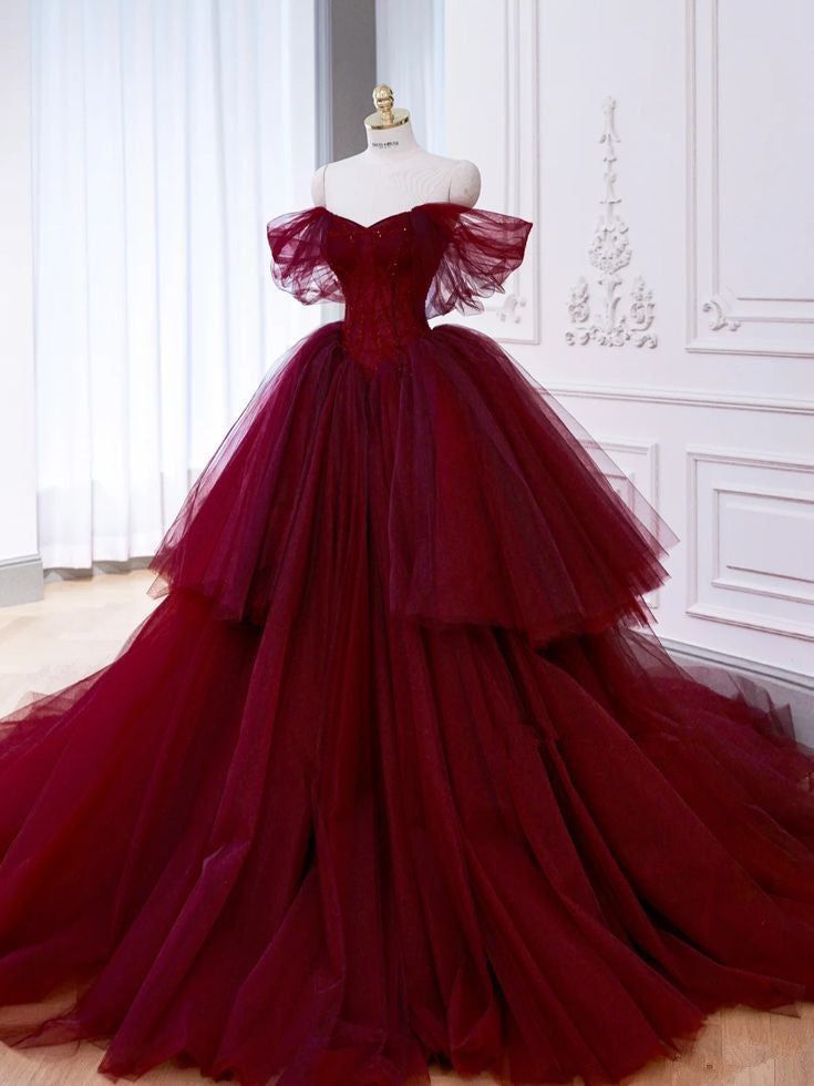 Ball Gown Off The Shoulder Tulle Burgundy Sweet 16 Dresses S6297