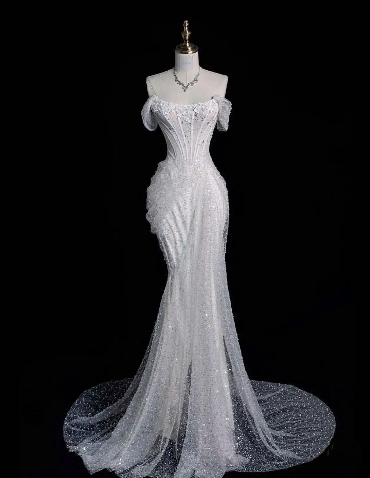 Off Shoulder Sequins Mermaid Long Wedding Dress Evening Dress S5626