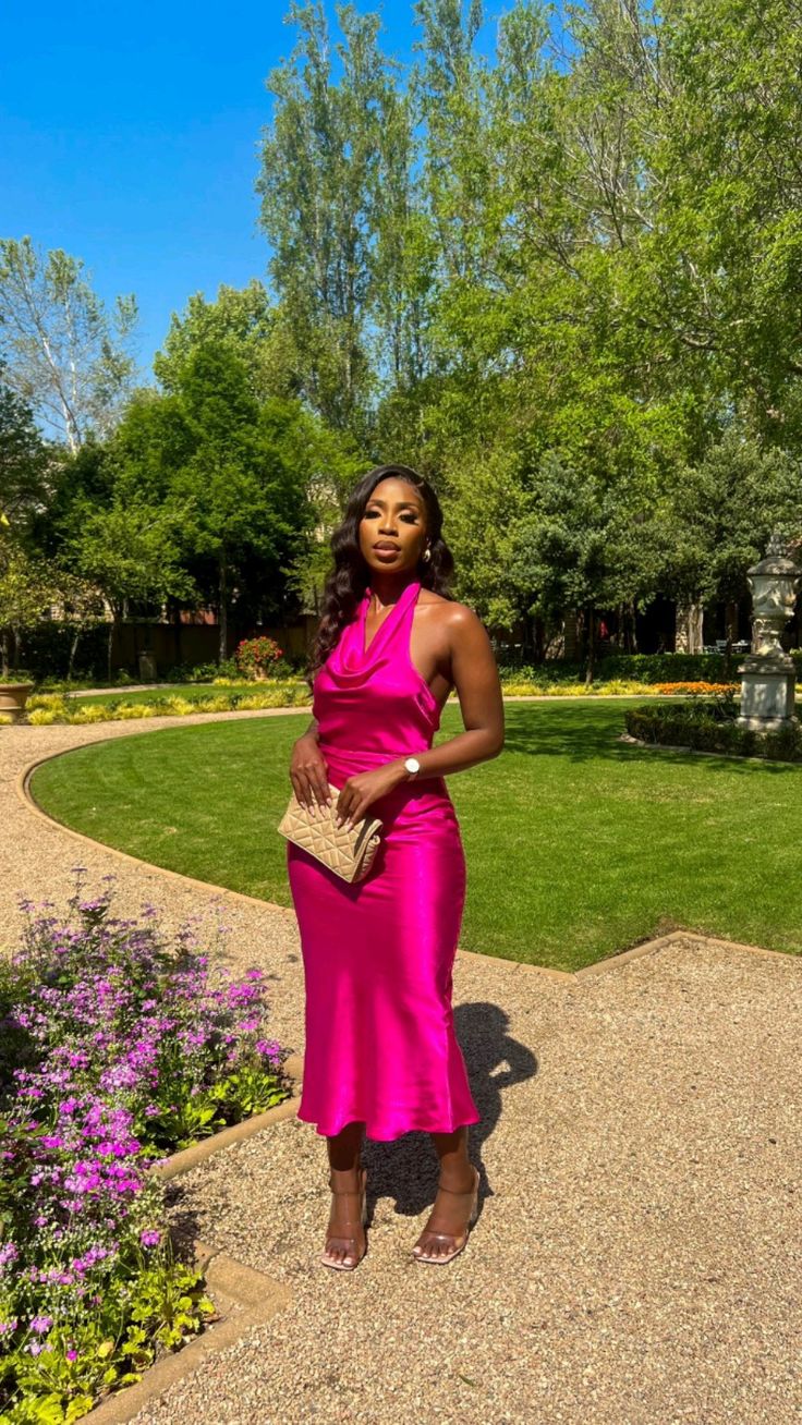 Hot Pink Halter Vintage Prom Dress Evening Party Dress S6211