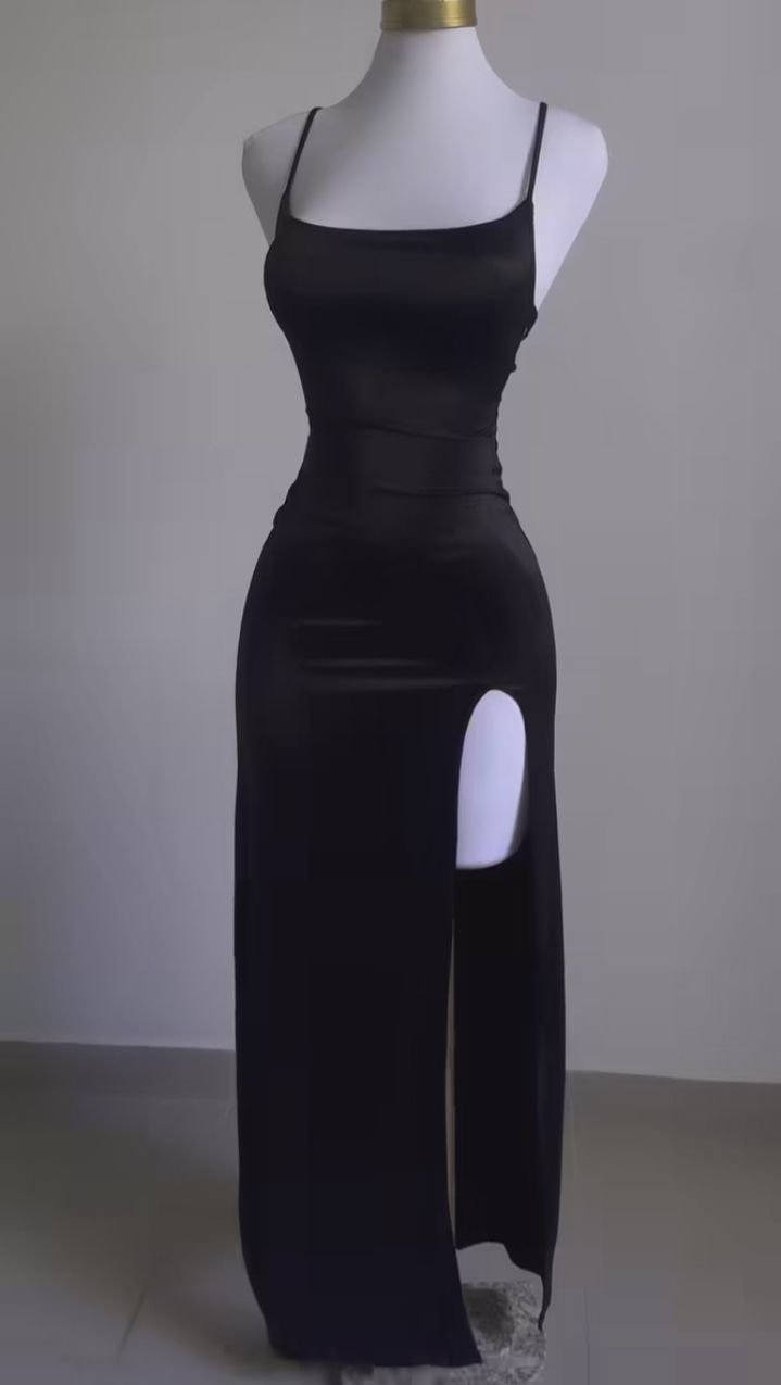 Sexy Sheath Spaghetti Straps Black Slit Long Prom Dress S6243