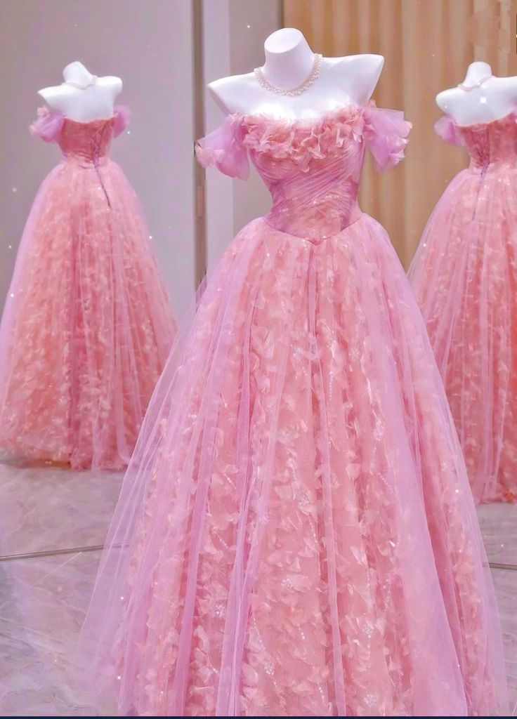 A Line Long Pink Prom Dresses A-Line Off Shoulder Evening Party Gowns S6301