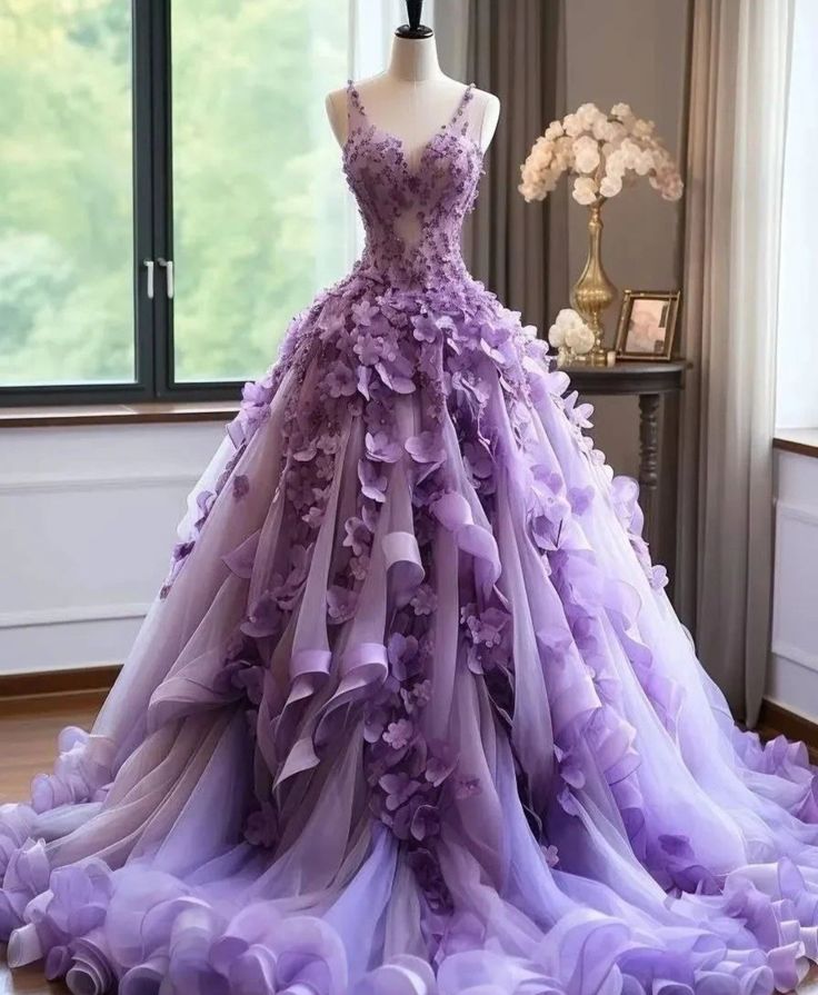 A-line Lilac Tulle Elegant Long Prom Dresses Evening Formal Dress S6389