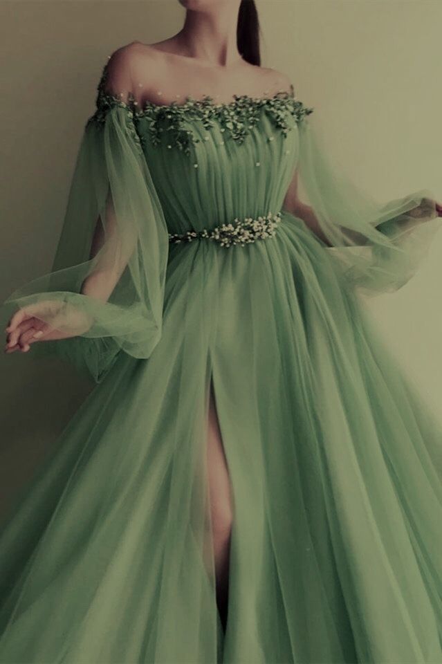 Charming Green Long Sleeves Evening Dress Tulle Prom Dress S5713