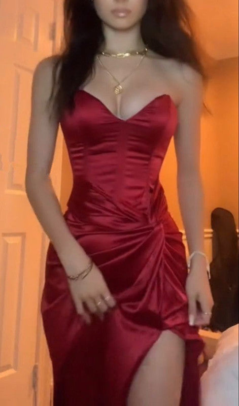 Elegant Dark Red Satin Prom Dresses Long Slit Evening Dress S6571