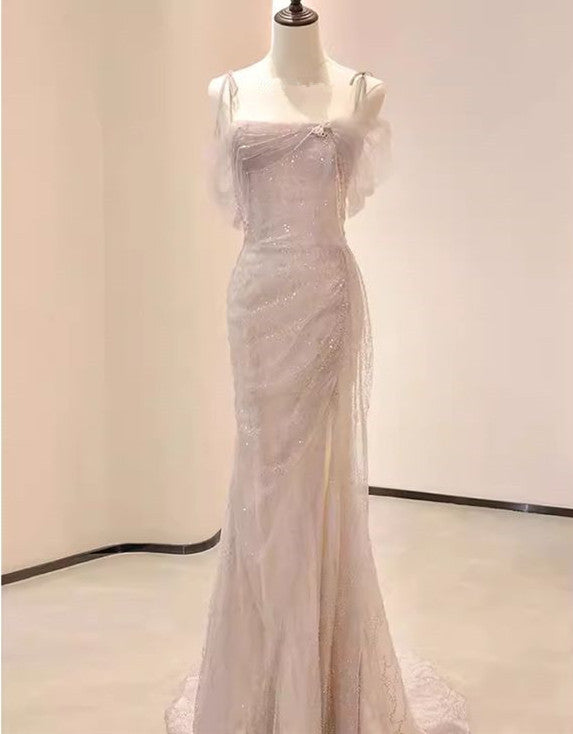 Vintage Mermaid Straps Pink Tulle Long Prom Dress S6569