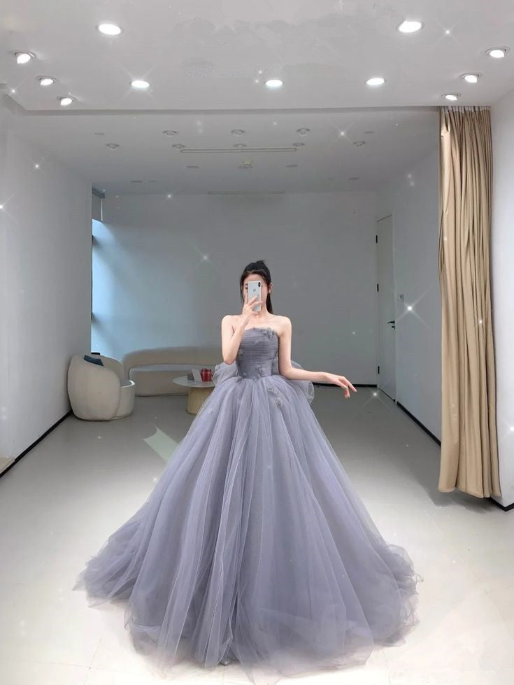 Strapless Prom Dresses A Line Tulle Long Evening Prom Dress S6433