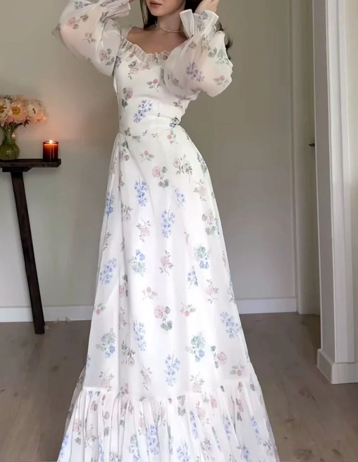 Elegant Flowers Print Ruffle Long Sleeve Prom Dresses S5592