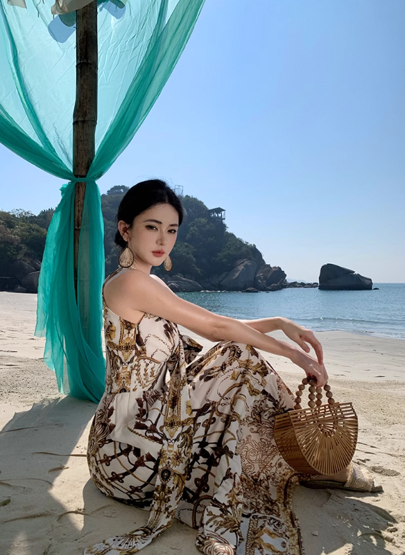 Bohemian style v-neck floral suspender dress temperament waist A-line long skirt R0592