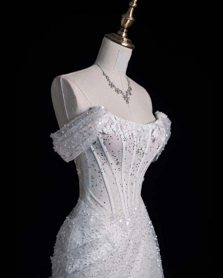 Elegant Mermaid Off The Shoulder Sequin Long White Wedding Dresses S6566