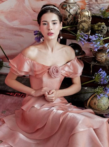 Pink Elegant A-line Bateall Satin Dress with Flower neckline Party Dress Birthday Dress RS004