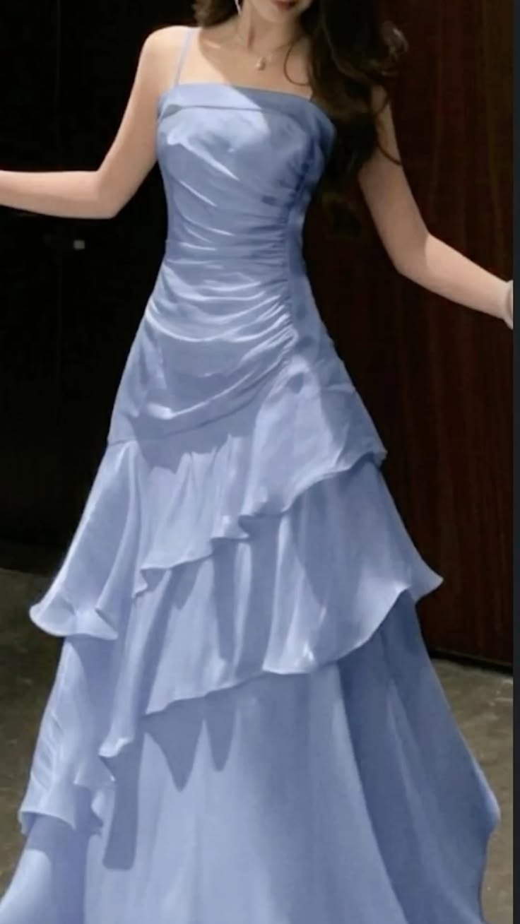 Elegant Pale Blue A-Line Strapless Satin Long Dress with Flouncing Evening Dress Prom Dress RS008