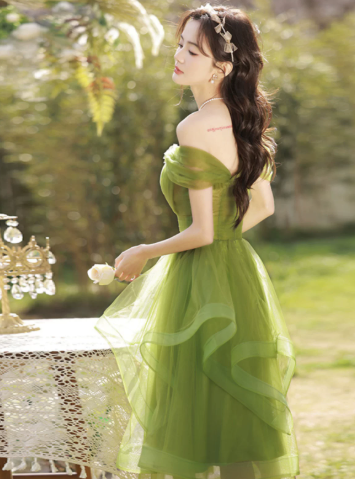 Elegant Bud Green Dress A-Line Sheer Straps Stain Party Dress Birthday Dess with Tulle Fold RS013