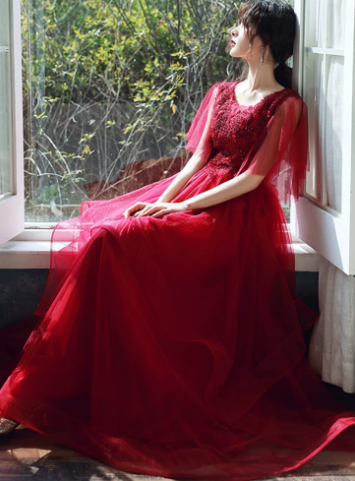 Elegant Hot Red Long Dress A-Line Jewel Chiffon Prom Dress Birthday Dess with Cascade Tulle RS014