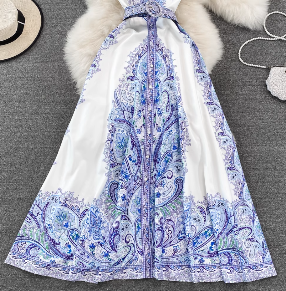 Retro palace style goddess style single-breasted lapel print dress elegant A-line long skirt R0361