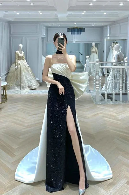 Elegant Black and White Long Dress Sheath Strapless Satin Prom Dress Bridesmaid Dress with Big Bow-knot RS015