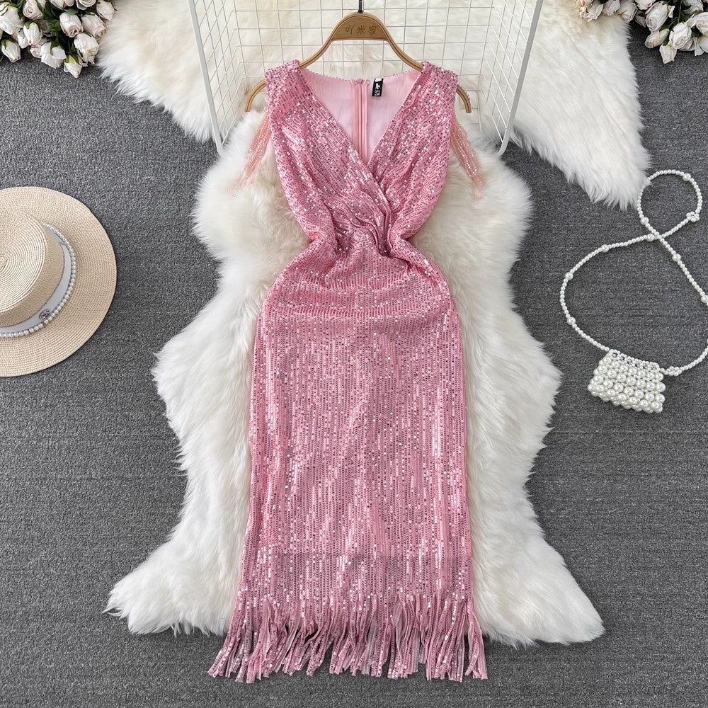 French Chic Pink Sheath V Neck Satin Dress with Tassel Prom Dress Party Dress RS018