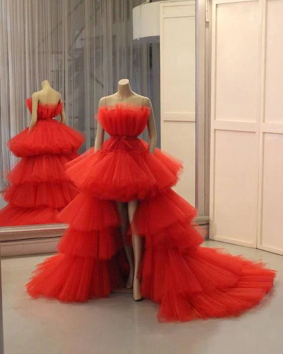 Elegant Burgundy A-Line Strapless Tulle Dress with Trail Prom Dress Evening Dress RS019