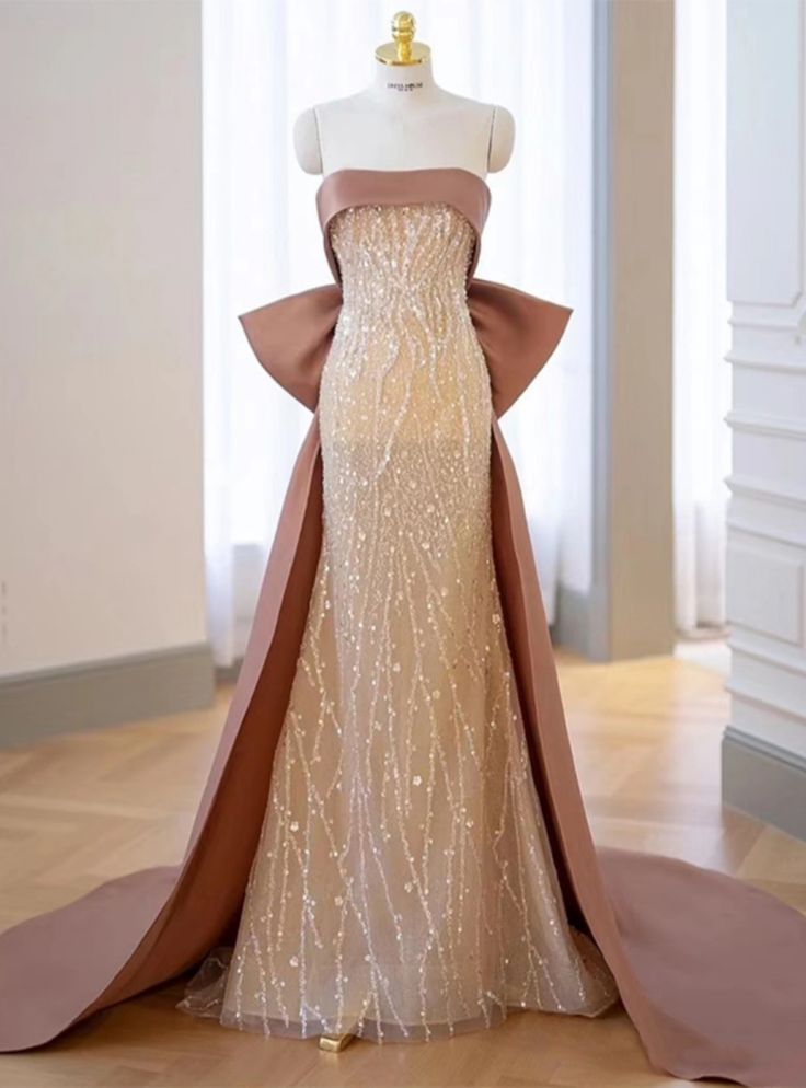 French Retro Light Ivory Long Sheath Strapless Chiffon Dress with Beaded and Bow-knot Prom Dress Celebrity Dress RS022