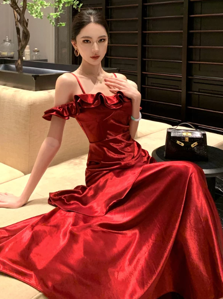 French Chic Burgundy A-Line Spaghetti Straps Dress with Cascade Birthday Dress Evening Dress RS027