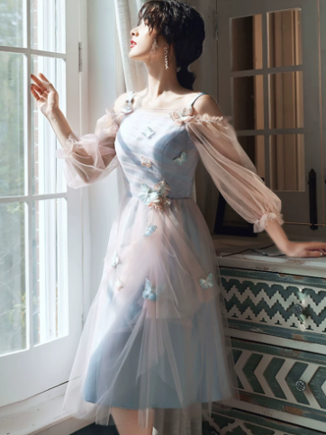 Elegant Pale Blue A-Line Spaghetti Straps Midi Dress with Tulle and Embroidery Birthday Dress Evening Dress RS030