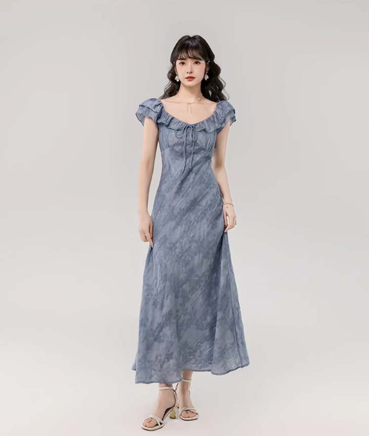 French gentle style retro blue lotus leaf collar dress beautiful waist A-line long skirt R0879