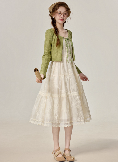 Temperament green cardigan with suspender dress small sun protection clothing R1930