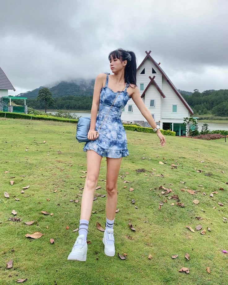 Blue tie-dye suspenders waist slim A-line short skirt homecoming dress R3260