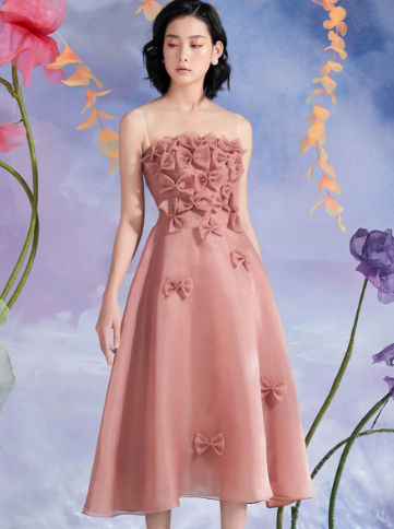 Princess Pink A-Line Strapless Mini FlowingDress with Bow-knot Embroidery Birthday Dress Party Dress RS040