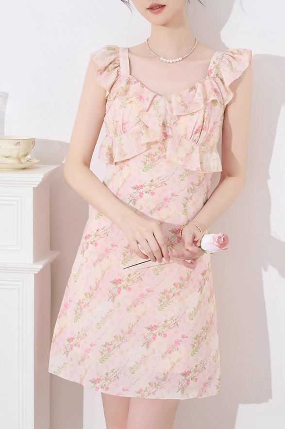 French dress new summer design niche temperament high-end pink floral waist skirt R4217