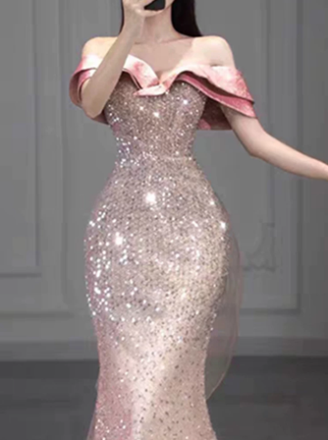 Cute Pink Mermaid Bateau Women Dress with Sequin and Tulle Prom Dress Evening Dress RS049