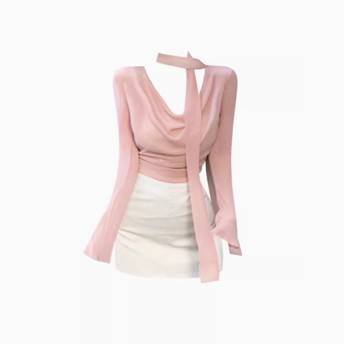Pure desire style mesh fine flashing collar long-sleeved top 2025 hot girl hip skirt suit R1206