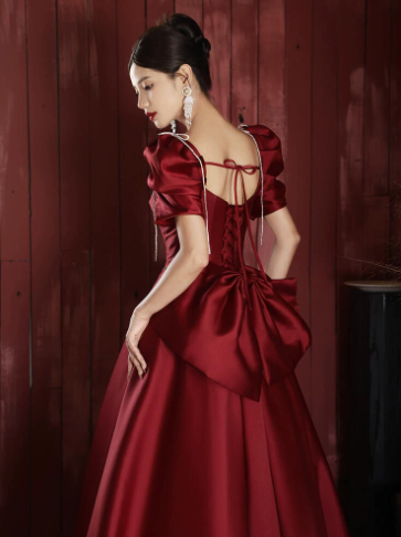 French Retro Burgundy A-Line Square Women Dress with Puff Sleeves Birthday Dress Evening Dress RS050
