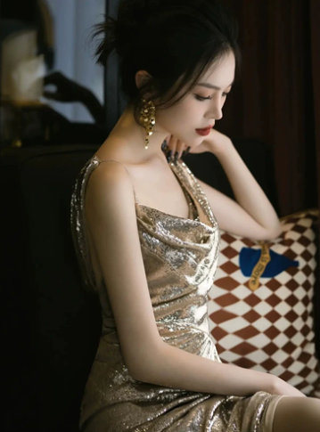 Sexy Golden Mermaid Spaghetti Straps Women Dress with Open Back Prom Dress Coctail Dress RS051