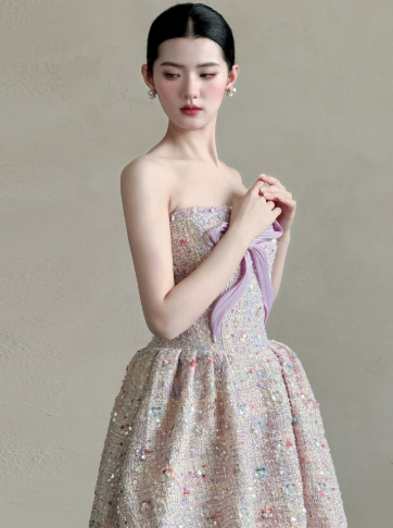 Chanel-inspired Lilac A-Line Strapless Long Women Dress with Sequin and Bow-knot Birthday Dress Evening Dress RS054