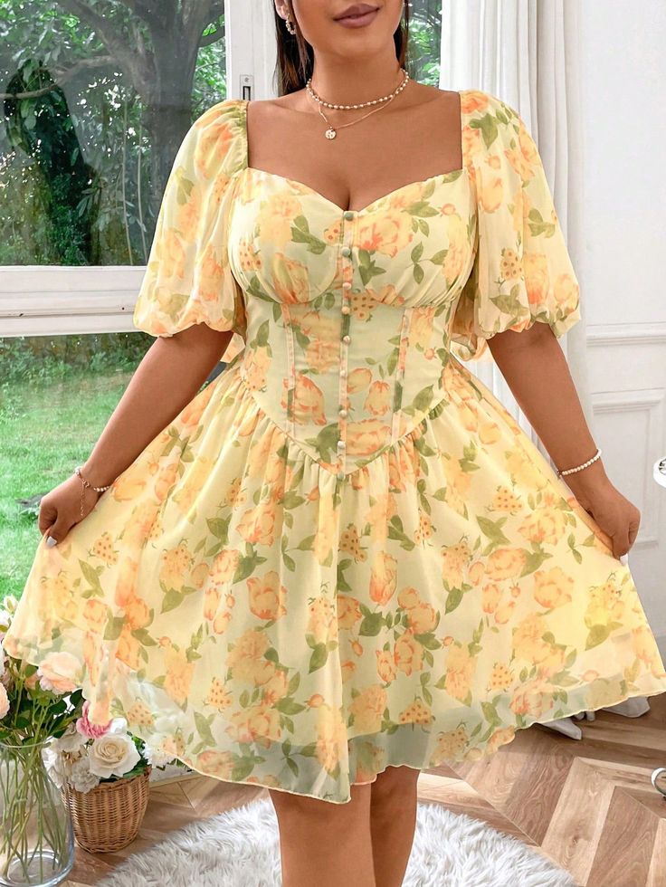 Apricot floral low-cut sexy fresh cute short skirt homecoming dress R3114