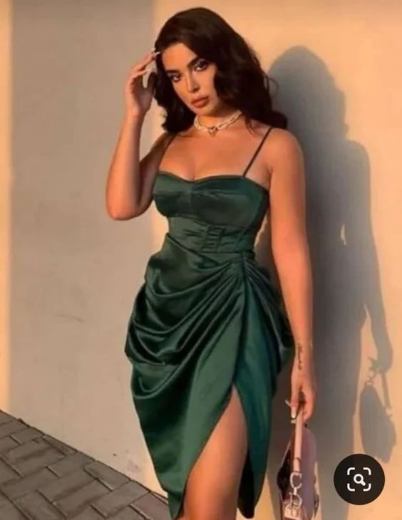 Sexy Turquoise Sheath Spaghetti Straps Mini Women Dress with High-slit and Draped Party Dress RS057