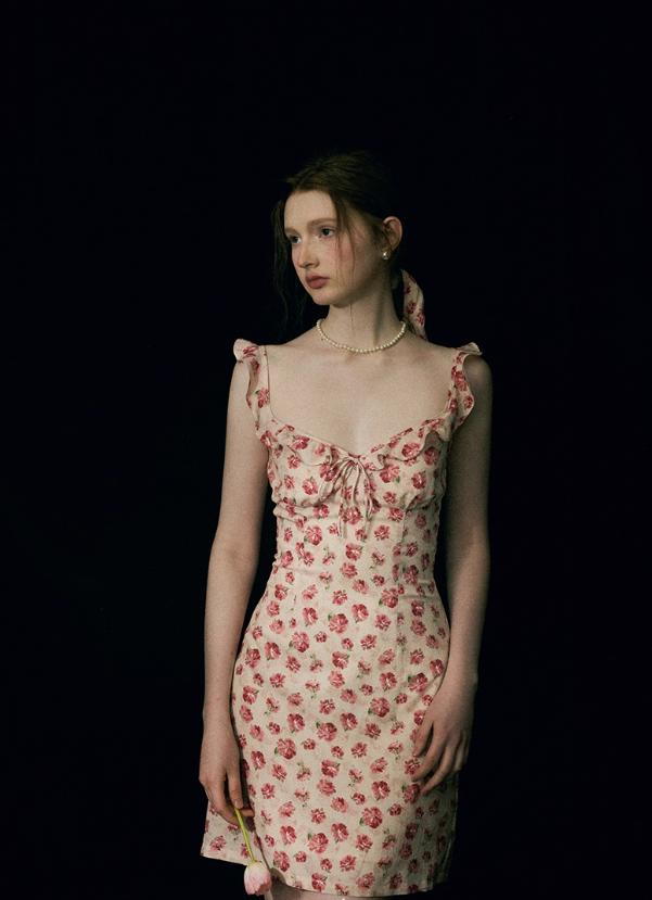 Floral dress pink short skirt French style high-end suspender skirt petite short skirt for women R3463