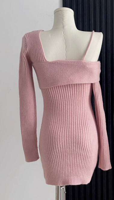 Hot girl off-shoulder knitted dress 2025 new design pure desire inner sweater dress slimming R0148