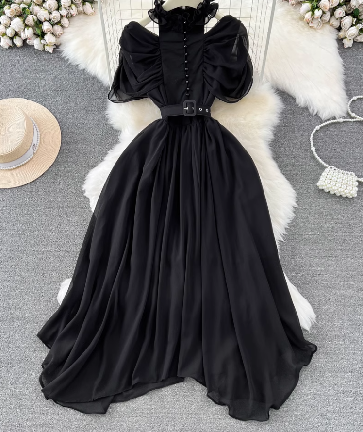 Light luxury temperament stand-up collar off-shoulder pleated waist A-line chiffon dress elegant long skirt R0374